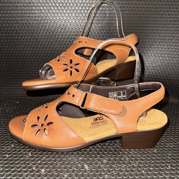 SAS Sunburst Chestnut Brown Leather Floral Heeled Sandal Womens Size 9M - Picture 1 of 9
